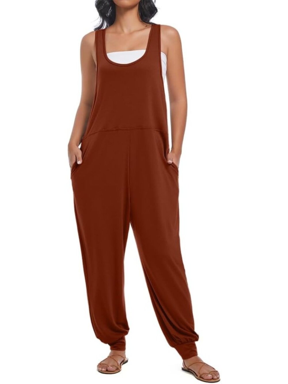 Women's Brick Red Casual Loose Jumpsuits Harem Long Pants Sleeveless Romper